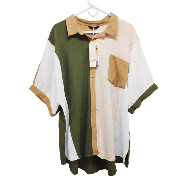 Colorblock Button-Up Short-Sleeve Shirt Women Size 2XL Dokotoo Green Beige White - Picture 1 of 8